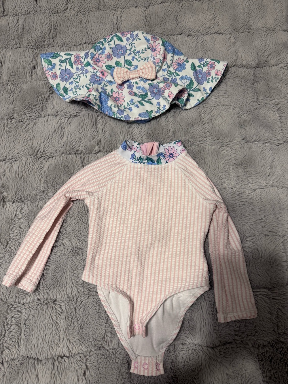 Girls' Pink Striped Long-Sleeve One-Piece Swimsuit with Floral Trim